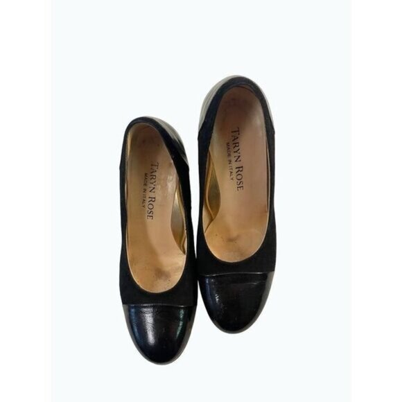 Taryn Rose Italy Black Cap Toe Patent Leather Pumps Shoes 36.5 US 6 6.5 - Picture 1 of 6